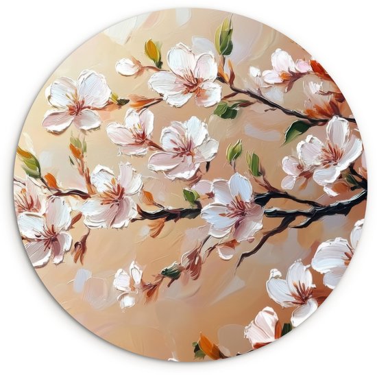 WallCircle® Wandcirkel 60x60 cm - Muurcirkel Bloesemtakken - Schilderachtig - Roze - Muurdecoratie woonkamer - Wanddecoratie slaapkamer - Kamer decoratie accessoires - Ronde schilderijen