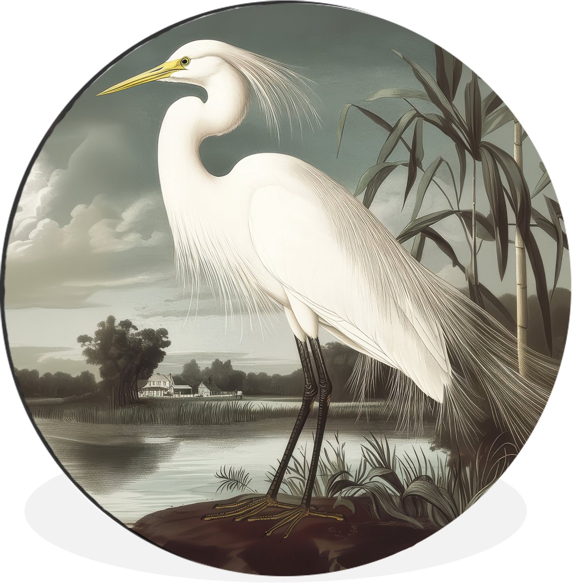 WallCircle Wandcirkel - Muurcirkel - Reiger - Planten - Wolken - Wit - Aluminium - Dibond - 30x30 cm - Binnen en Buiten