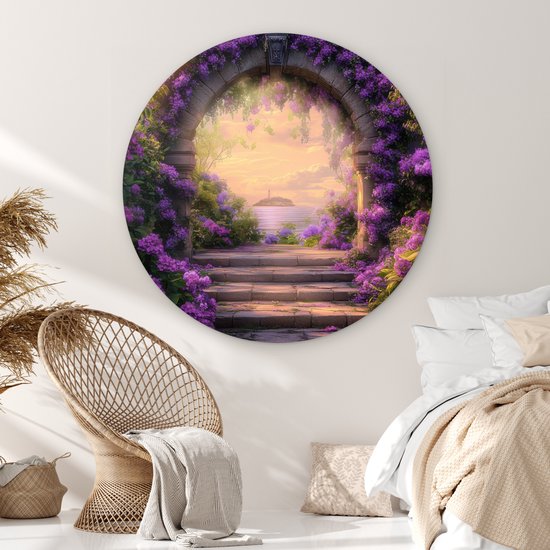 WallCircle® Cercle mural 120x120 cm - Cercle mural Porte - Violet - Fleurs - Décoration murale salon - Décoration murale chambre - Accessoires de décoration de chambre - Tableaux ronds XXL