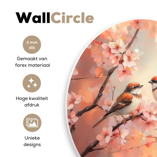 WallCircle® Cercle mural 60x60 cm - Cercle mural Vogels - Romantique - Branche fleurie - Décoration murale salon - Décoration murale chambre - Accessoires de décoration de chambre - Tableaux ronds