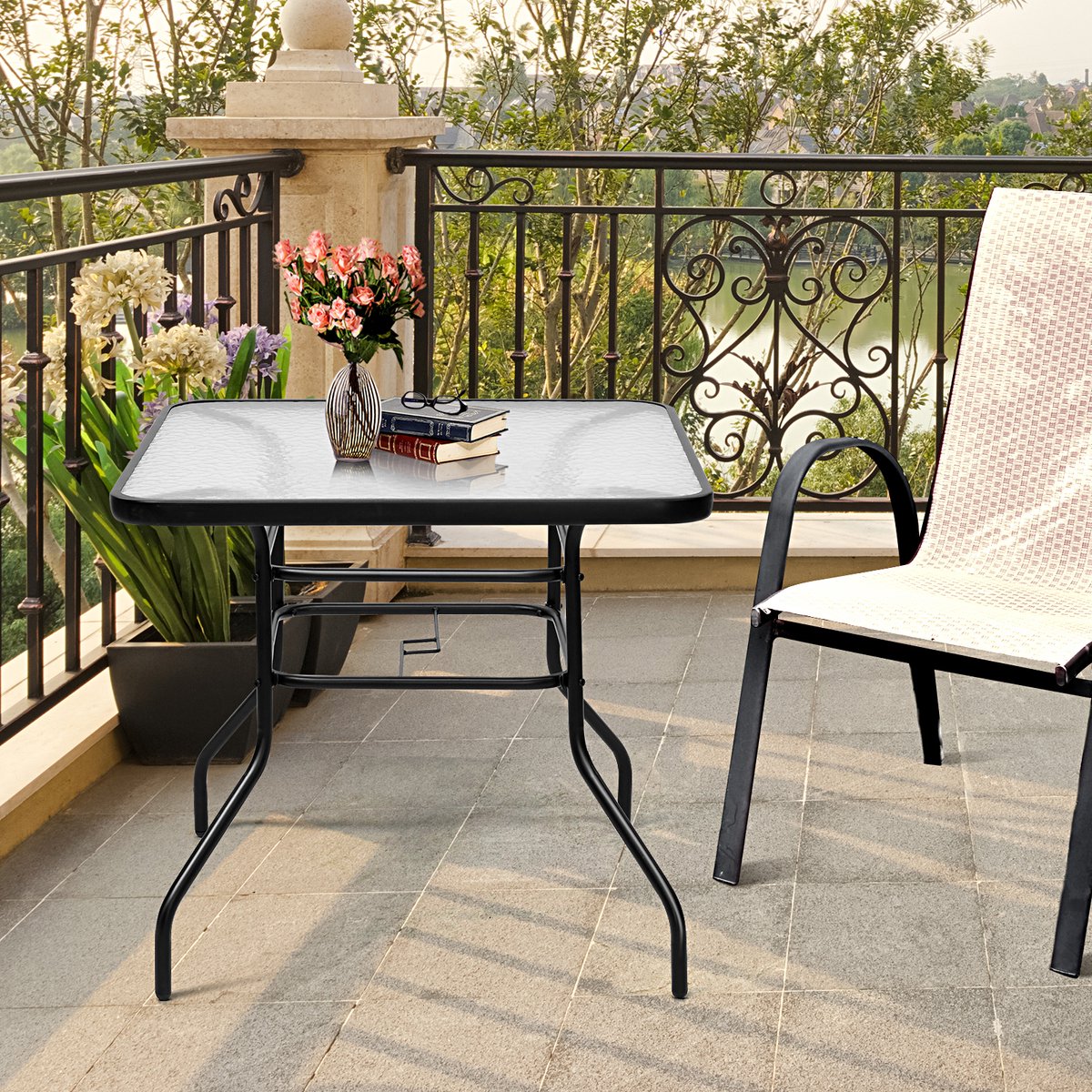 COSTWAY 80 cm Tuintafel, Rechthoekige metalen koffie/theetafel met gehard glazen blad en paraplugat, moderne klassieke stijl past bij elk decor, Buiten eettafel voor Patio, Tuin, Balkon, Achtertuin thumbnail 7