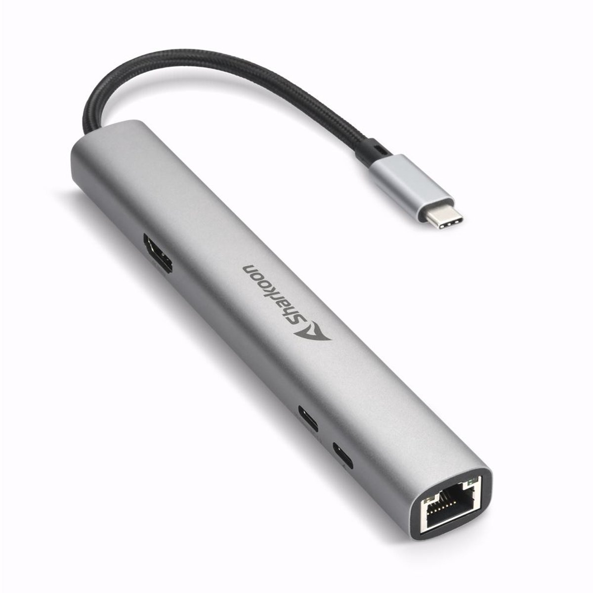 Sharkoon OfficePal Combo Adapter - Dockingstation 1x USB 3.2 Gen 2x1 Type-A - 1x USB 3.2 Gen 2x1 Type-A met BC 1.2 - 1x USB 3.2 Gen 2x1 Type-C met BC 1.2 - 1x HDMI (4K 60Hz) - 1x RJ45 - 1x USB-C met Power Delivery
