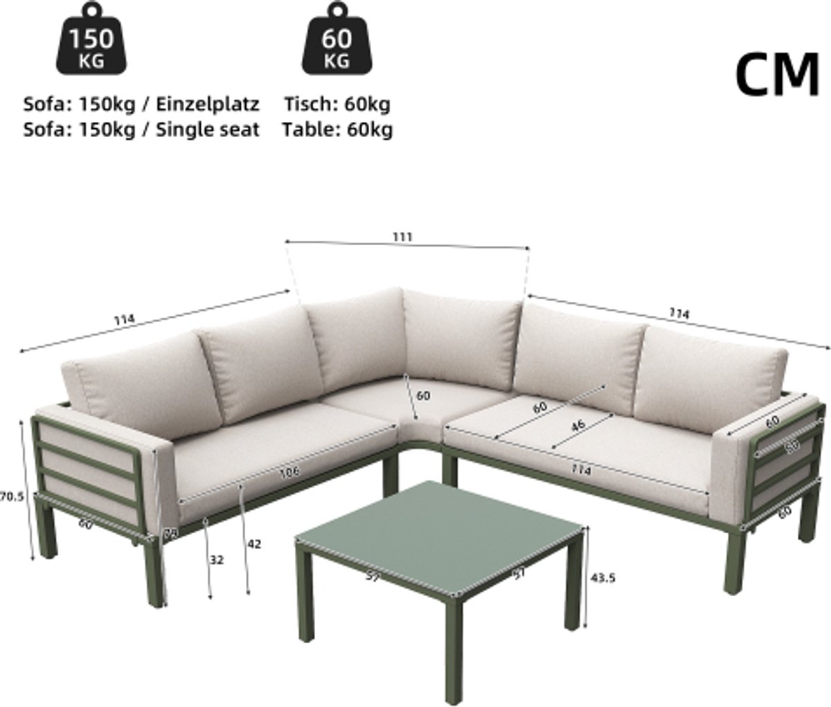 Tuinmeubelset (4-5 zitplaatsen), 1 salontafel van gehard glas, groen gegalvaniseerd ijzeren frame, comfortabel tuinmeubilair, beige zitkussens en kussens met verstelbare poten thumbnail 2