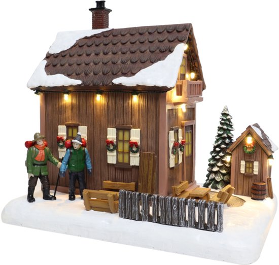 Santaville - Wooden Chalet with Hikers with LED Polyresin 25cm