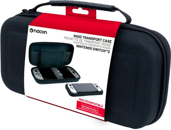 Zwarte Nacon draagtas voor Nintendo Switch, met label.
