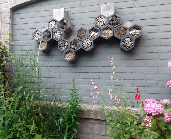 Decoratief insectenhotel van Garden Spirit, bestaande uit meerdere honingraatelementen met bamboe en hout, bevestigd aan een grijze bakstenen muur met groen erlangs.