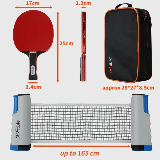 Afmetingen van tafeltennisset: 2 rode batjes (17x25cm), opbergtas (28x27x8.5cm) en uittrekbaar net (tot 165cm).