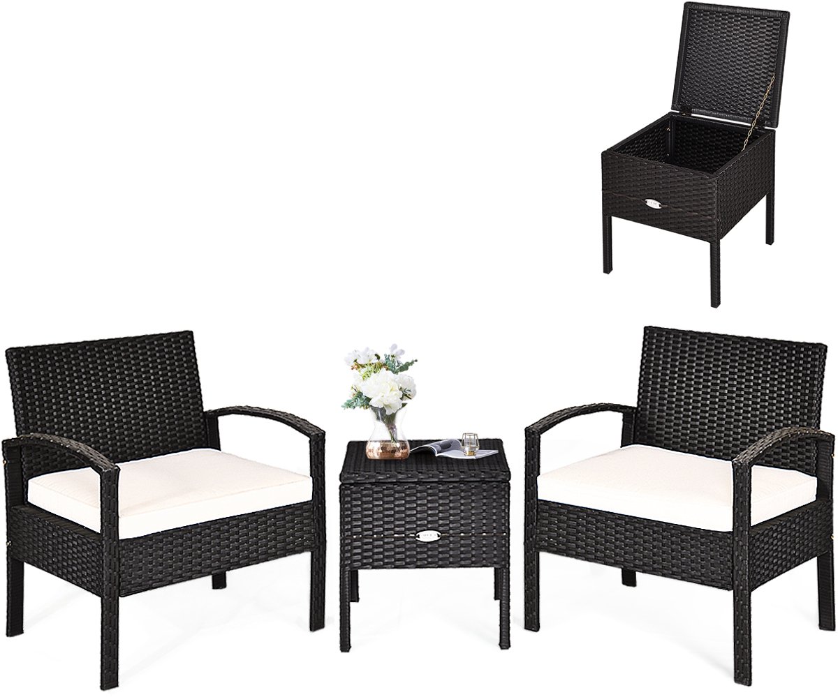 COSTWAY Balkonmeubel, klein balkon, rotan 2 stoelen en tafel met opbergruimte, 3-delig, tuinmeubelen, terrasmeubel, rotanmeubel, loungeset, incl. kussens, zwart