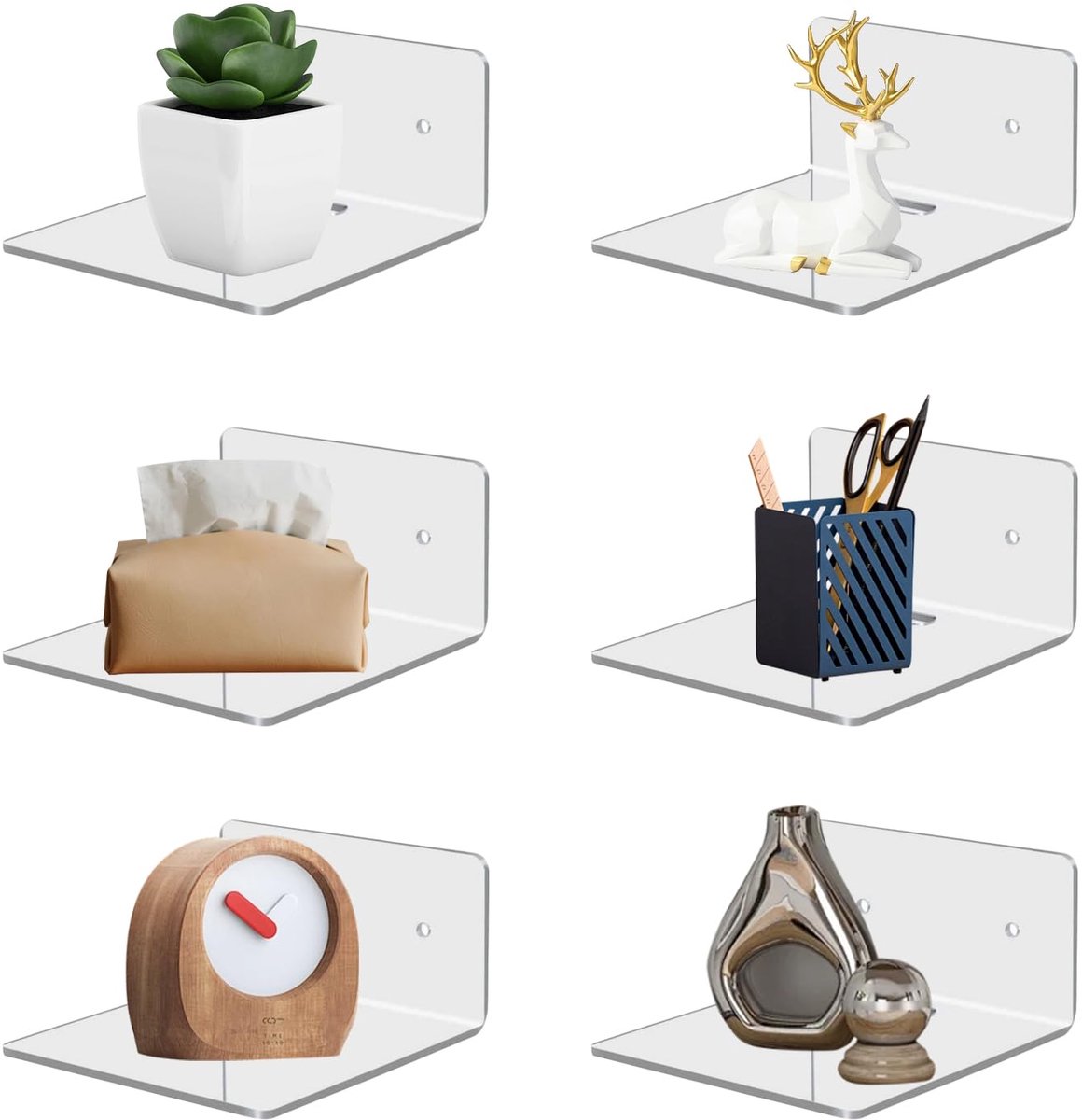 My Ninki ® Transparante Mini Zwevende Wandplanken Set van 6 voor Stijlvolle Ruimtebesparing en Decoratie