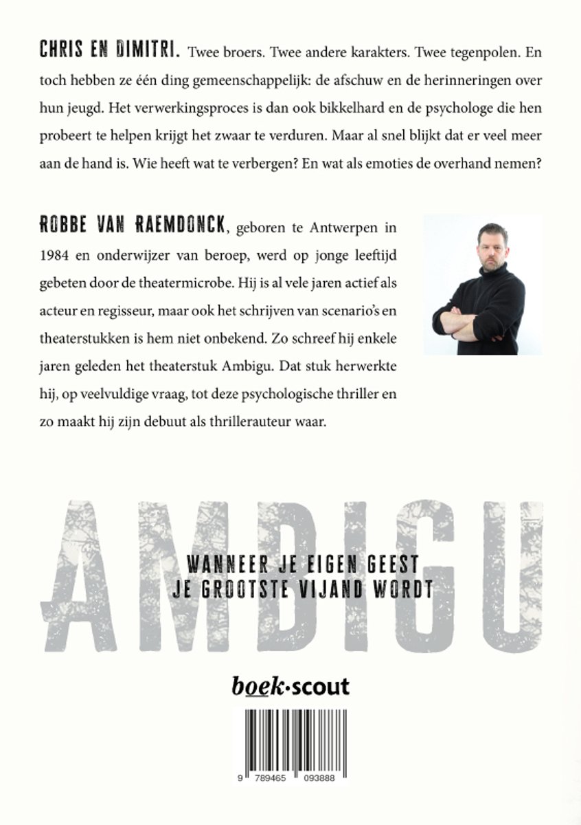 Achterkant boek met tekst over 'Chris en Dimitri' en 'Robbe van Raemdonck', en de titel 'AMBIGU'.