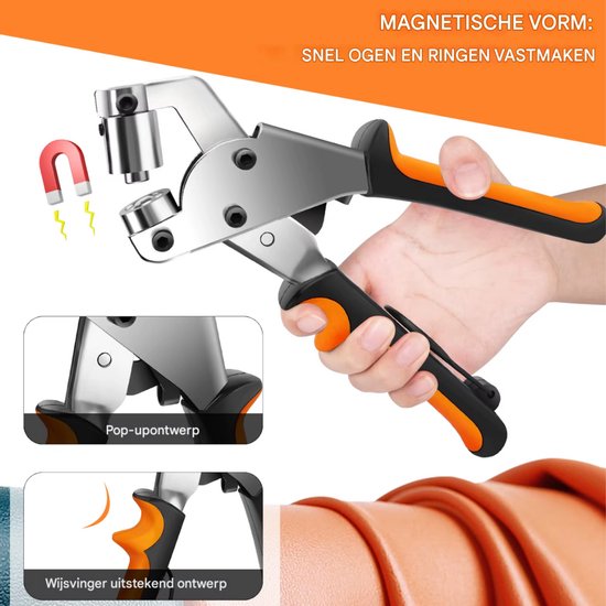 Grommettang met magnetische mal, Pop-up ontwerp en wijsvingerontwerp, met magneet en oranje handvatten.