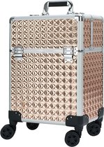 Gesloten gouden beautycase met reliëfpatroon, zilveren frame, handvat en vier zwarte wieltjes.
