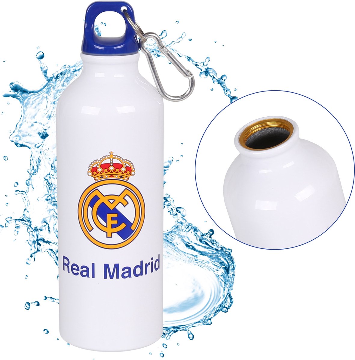 Real Madrid Aluminium witte thermosfles, fles met karabijnhaak 500ml