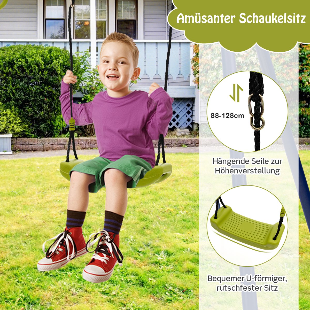 COSTWAY Schommelframe voor buiten, kinderen, 3-in-1, met 1 kant naar zicht, 2 ringen, 1 schommelbank, draagbaar, metaal, voor kinderen, belasting 200 kg, voor tuin, park, voor jongens en meisjes van 3 tot 10 jaar — afbeelding 2