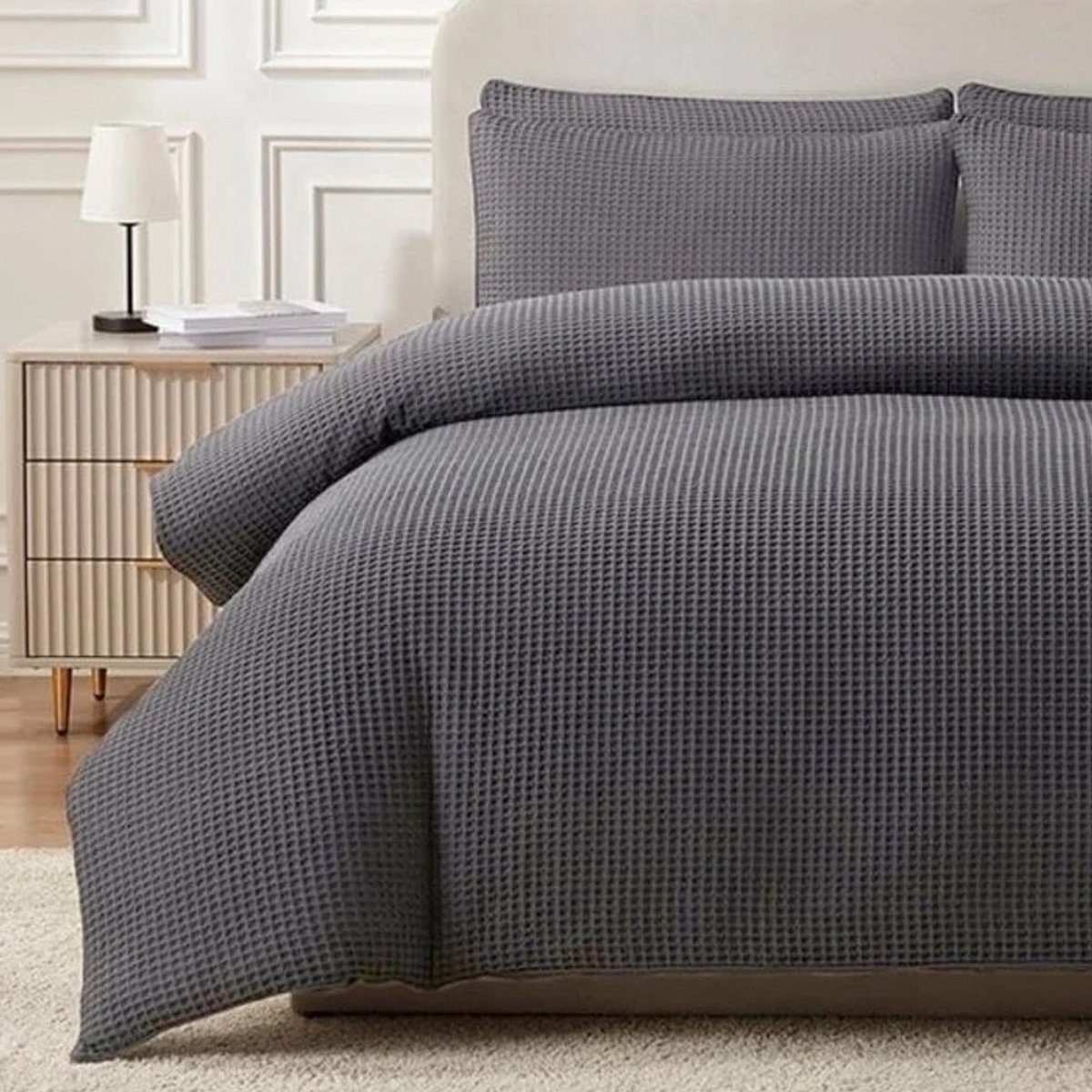 Waffle Bliss Dekbedovertrek Antraciet – Luxe, Comfort en Tijdloze Stijl-1-persoons (140 x 200/220 cm)