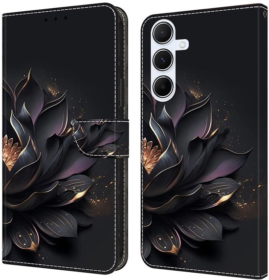 Zwart paars Lotus bloem - book case hoesje - telefoonhoesje geschikt voor Samsung Galaxy A56 / A36 / A37