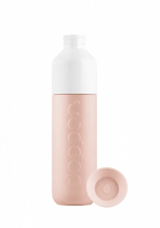 Roze Dopper fles met witte hals en dop. Roze hoes met 'dopper' in reliëf. Losse roze dop met druppel.