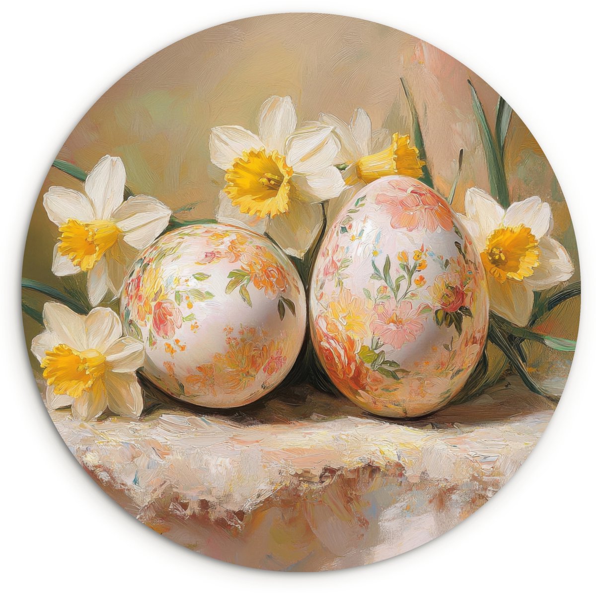 WallCircle Wandcirkel 30x30 cm - Muurcirkel Bloemen - Eieren - Geschilderd - Muurdecoratie woonkamer - Wanddecoratie slaapkamer - Kamer decoratie accessoires - Ronde schilderijen Paaseieren - Vintage