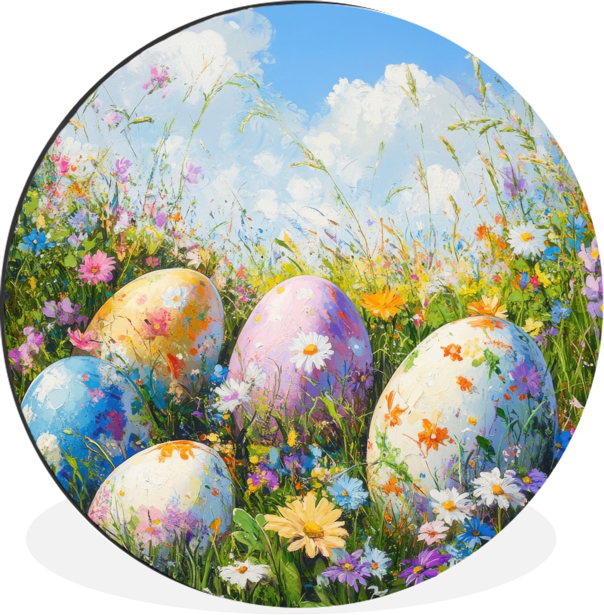 WallCircle Wandcirkel - Muurcirkel - Grasveld - Eieren - Bloemen - Aluminium - Dibond - 120x120 cm - Binnen en Buiten Bloemen - Eieren