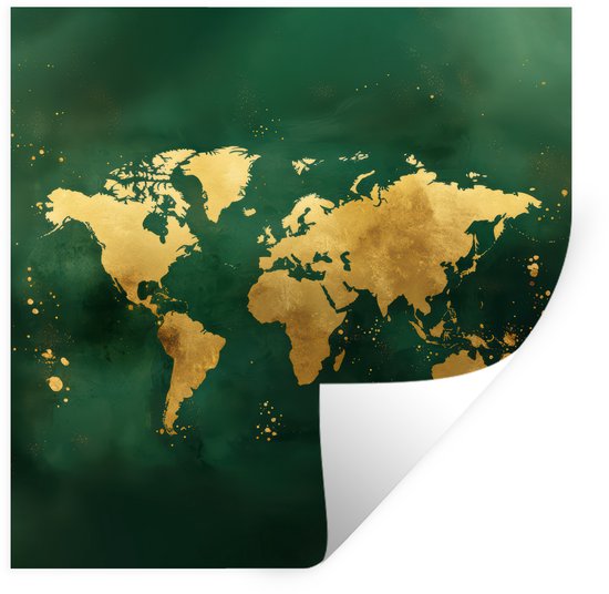 Muurstickers - Sticker Folie - Wereldkaart - Groen - Goud - 100x100 cm - Plakfolie - Muurstickers Kinderkamer - Zelfklevend Behang XXL - Zelfklevend behangpapier - Stickerfolie