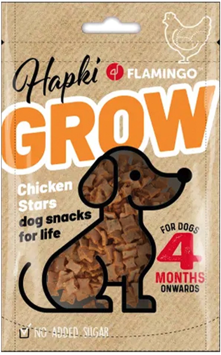 Flamingo Hapki grow - chicken stars voor puppy's vanaf 4 maanden - - geen toegevoegde suiker - 85 gr