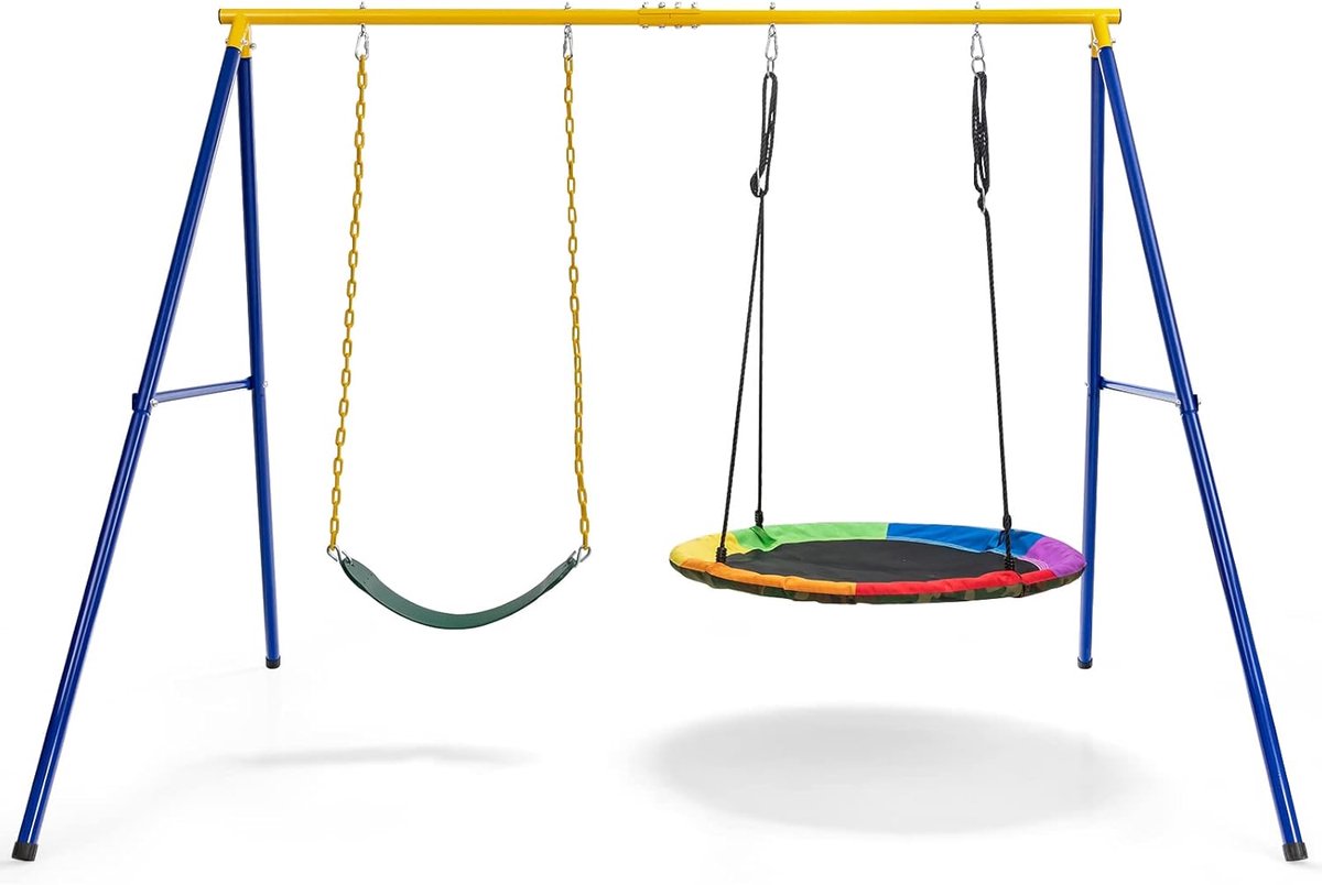 COSTWAY Dubbele schommel met frame, outdoor schommel voor kinderen, schommelframe met kinderschommel en nestschommel, schommelframe tot 300 kg belastbaar (2 schommels met frame)