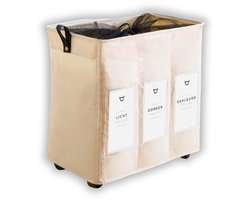 Wasmand op Wielen 145L – Wassorteerder 3 Vakken – Inklapbare Wasmand met Handvatten, Trekstang en Nederlandse Labels – Beige Wasmand voor Badkamer, Slaapkamer en Wasruimte - 145L