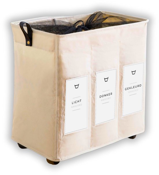 Wasmand op Wielen 145L – Wassorteerder 3 Vakken – Inklapbare Wasmand met Handvatten, Trekstang en Nederlandse Labels – Beige Wasmand voor Badkamer, Slaapkamer en Wasruimte - 145L