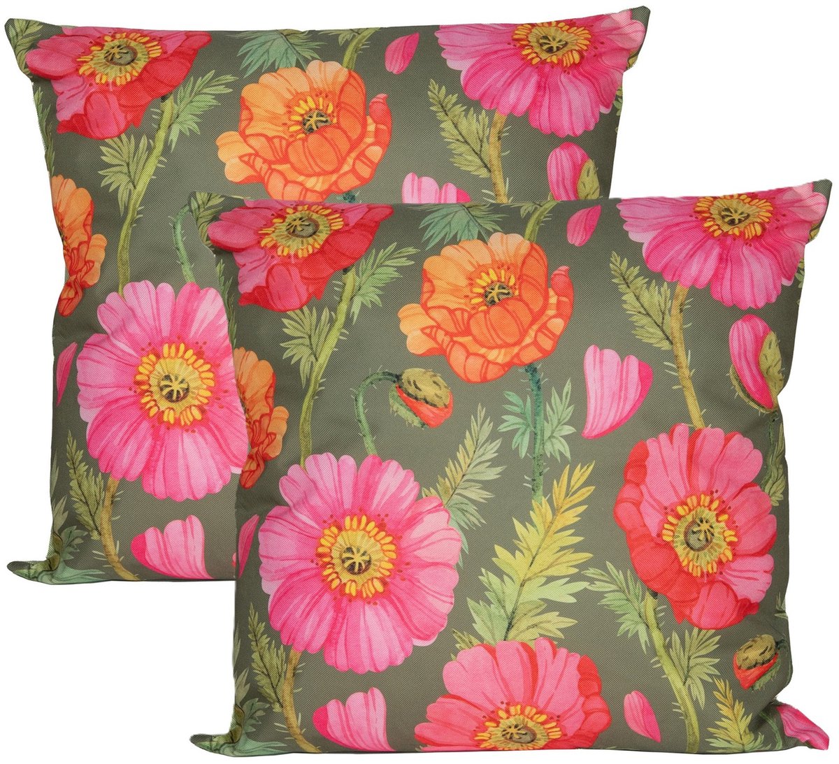 Anna's Collection Sierkussen voor binnen en buiten - 2x - klaprozen bloemen - groen/roze - 60 x 60 cm - tuinkussens