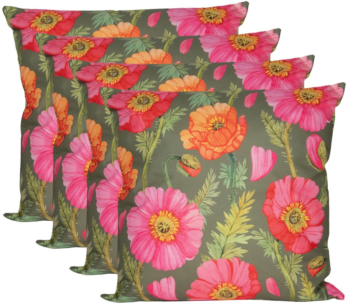Anna's Collection Sierkussen voor binnen en buiten - 4x - klaprozen bloemen - groen/roze - 60 x 60 cm - tuinkussens