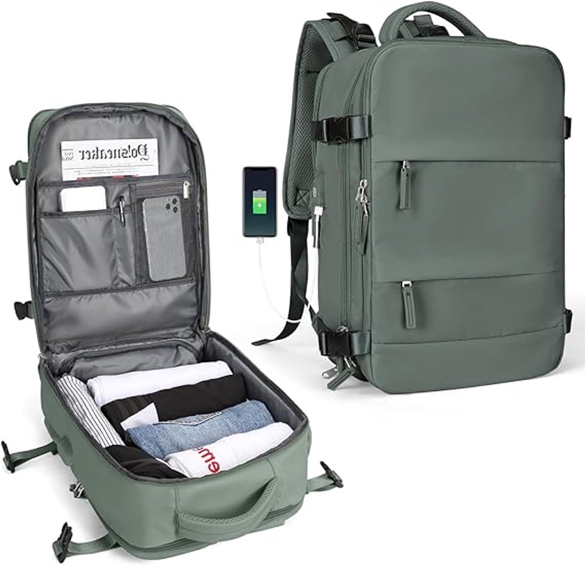 Famanu - Grote Reis Rugzak Vrouwen, Carry On Rugzak Mannen, Wandelen Rugzak Waterdicht Buitensporten Rugzak Casual Daypack Fit 14 Inch Laptop Reizen rugzak Cabin Grootte Met Schoenen Compartiment, Olijfgroen