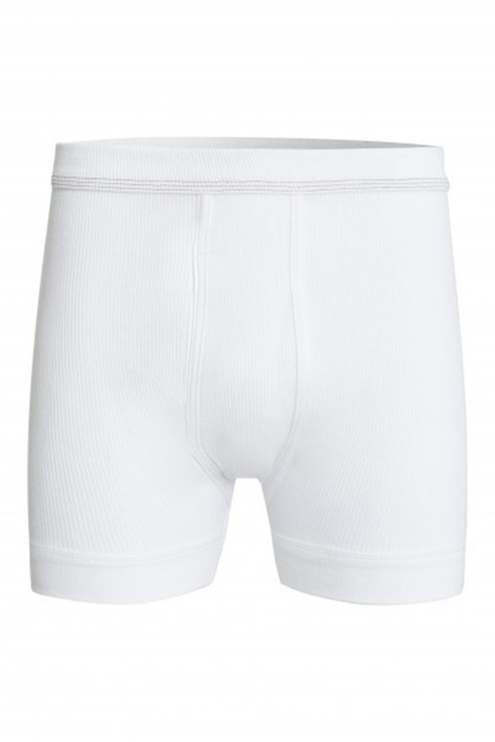 Witte heren boxershorts met ribbelstructuur en een gulp.