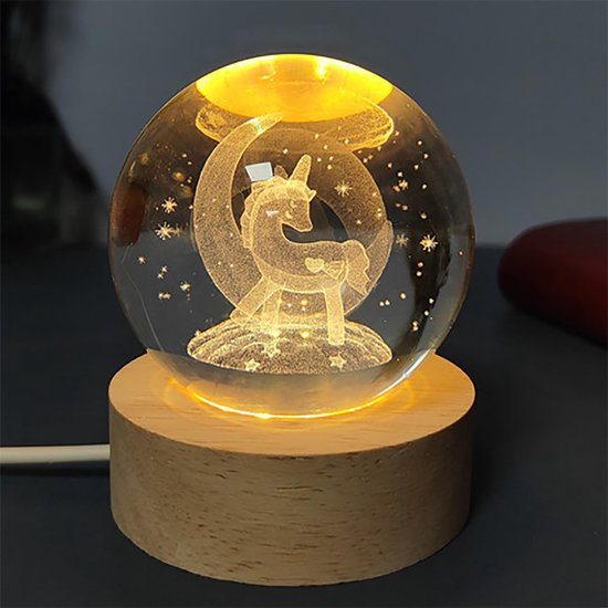 Nachtlampje, kristallen bal, 3D, led, eenhoorn, nachtlamp, glazen bal