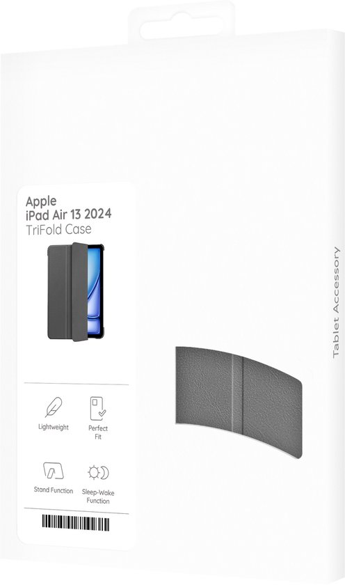 Verpakking van de grijze Cazy TriFold iPad Air 13 2024 hoes met afbeeldingen en specificaties.
