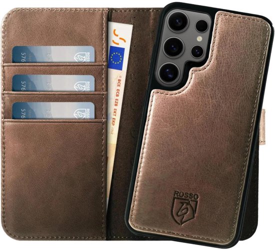 Coque Rosso Elite adaptée au Samsung Galaxy S24 Ultra | Compatible avec MagSafe | Étui à livres et couverture arrière | Amovible magnétiquement | Étui de protection en Cuir véritable avec porte-cartes | Marron