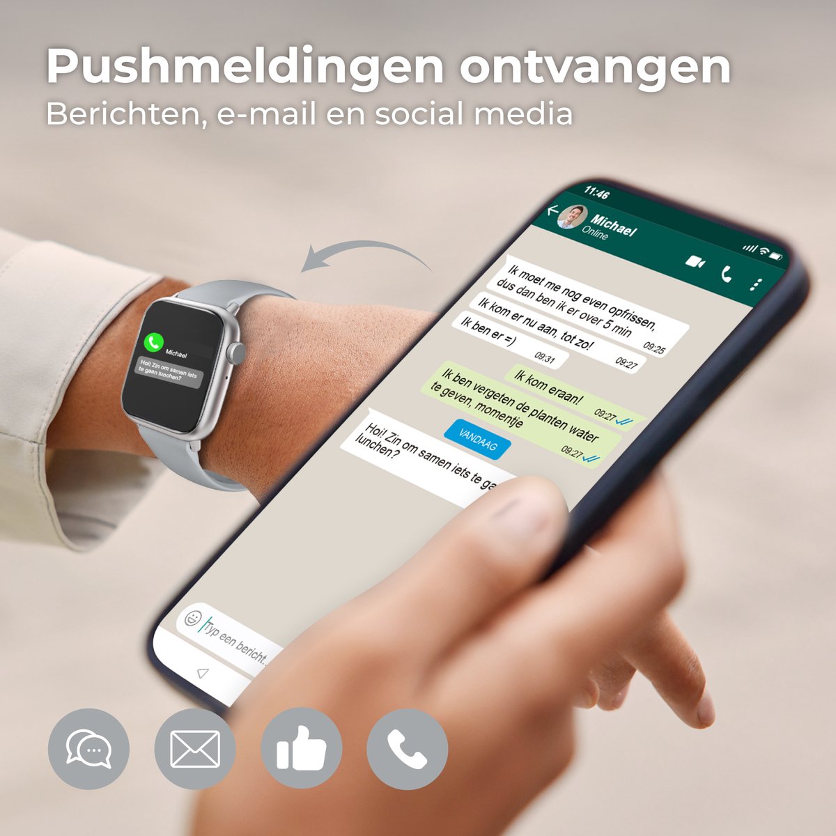Afbeelding 2 van Nuvance - Smartwatch Heren & Dames met Bluetooth - 45mm - Geschikt voor alle Smartphones - Stappenteller & Hartslagmeter - Grijs