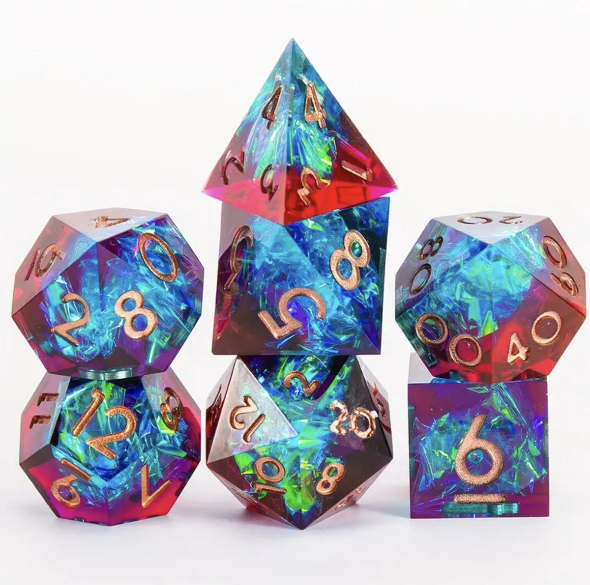 Joya Dice® Polydice Dobbelsteen set geschikt voor rollenspellen zoals Dungeons and Dragons D&D DnD | Dobbelstenen Set | Dice set | Resin 7 stuks set | Incl Luxe Opbergdoos | Rood en Blauw