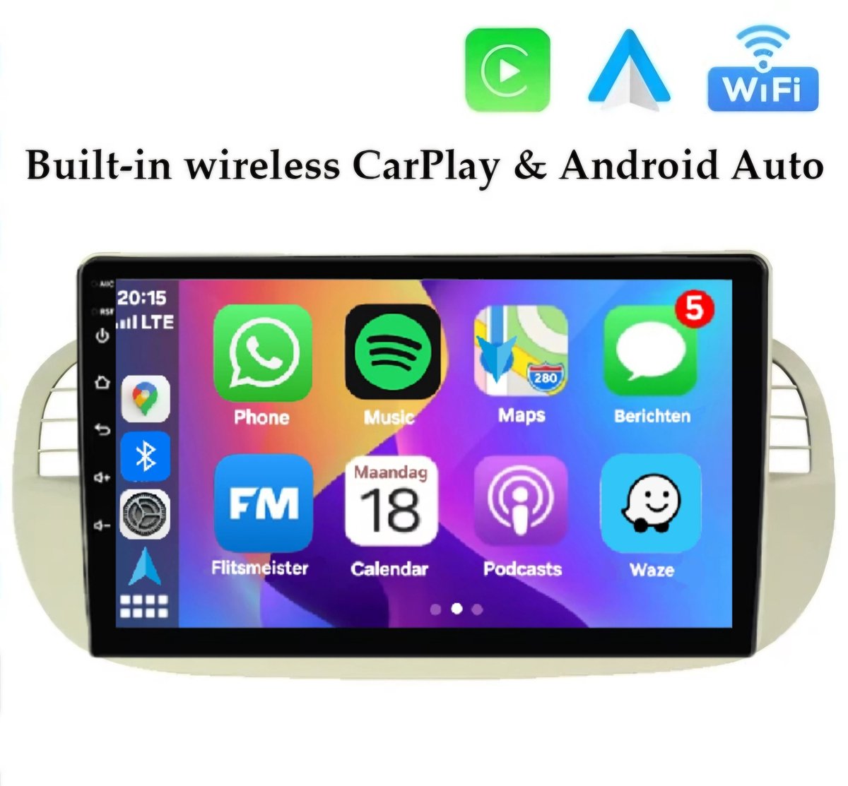 Autoradio 2/32GB met Carplay en Android auto | Geschikt voor Fiat 500 2007-2015 Wit | Radio scherm met Navigatie | 2007 2008 2009 2010 2011 2012 2013 2014 2015 | beige