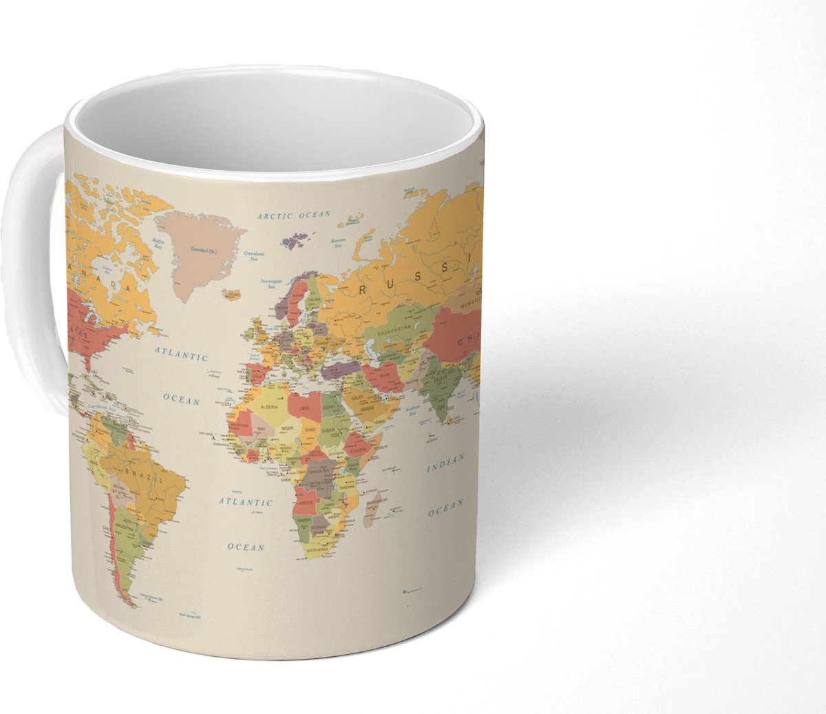 Mok - Koffiemok - Wereldkaart - Realistisch - Beige - Mokken - 350 ML - Beker - Koffiemokken - Theemok
