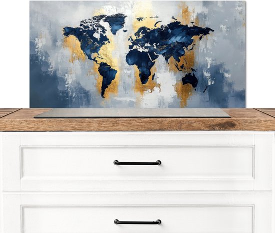 Crédence de Cuisinière en Aluminium 80x40 cm - Carte du monde - Bleu - Abstrait - Écran Pare-éclaboussures pour Plaque de Cuisson - Protection Murale