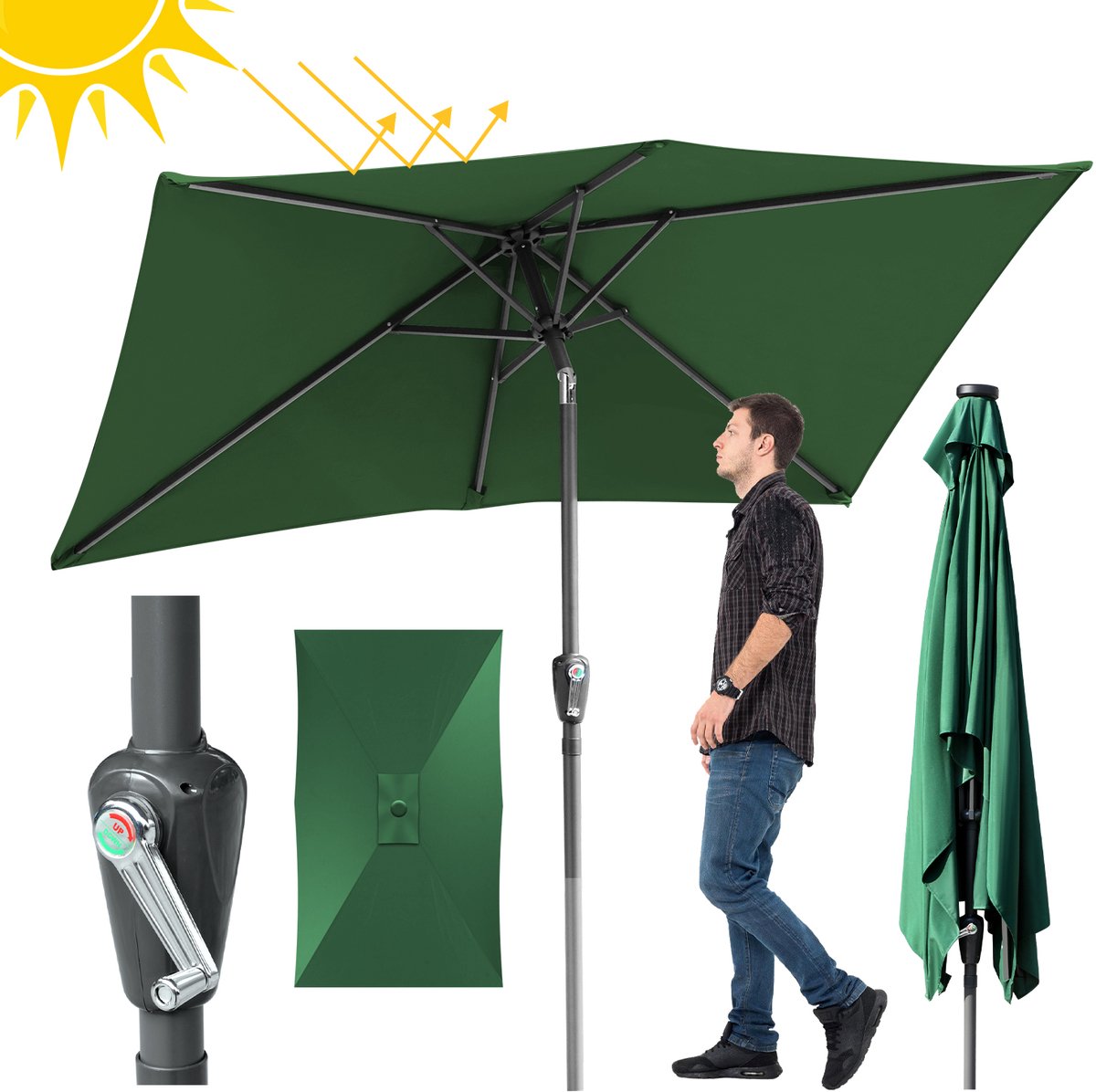 Grote groene rechthoekige parasol met zwengelsysteem en stevig frame voor balkons, tuinen en terrassen.