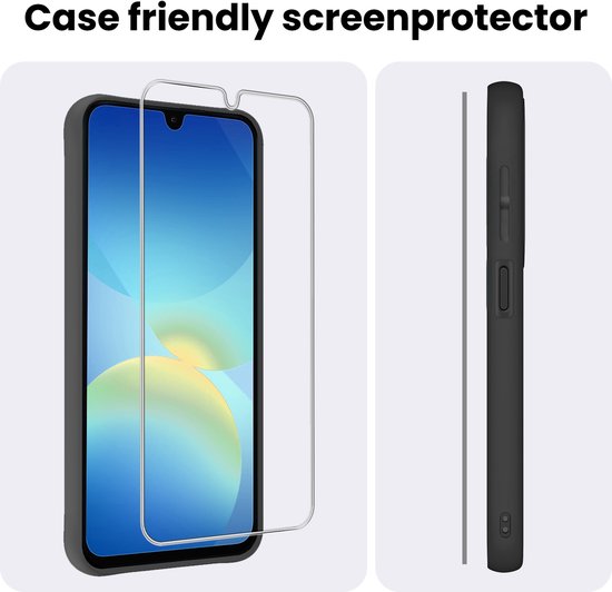 Case friendly schermprotector, sluit aan op de randen van de telefoon. Zijkant van een telefoonhoesje.