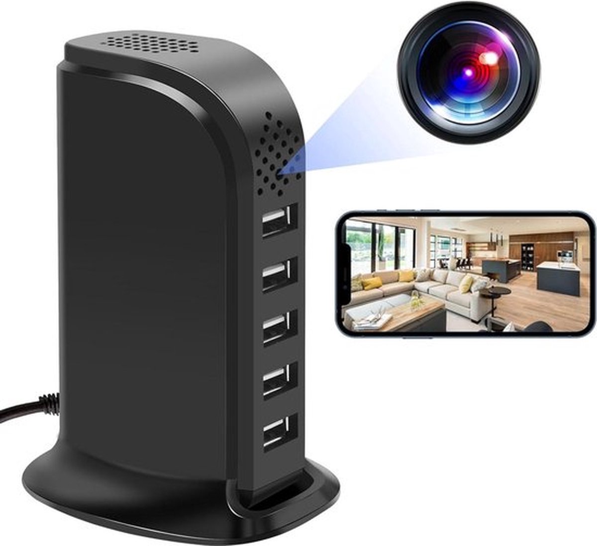 WiFi USB Charger Camera 5-Port USB Port 1080P Wireless Security Nanny Cam Mini Video Recorder - Motion Detection Remote View - Home Office Surveillance spy camera