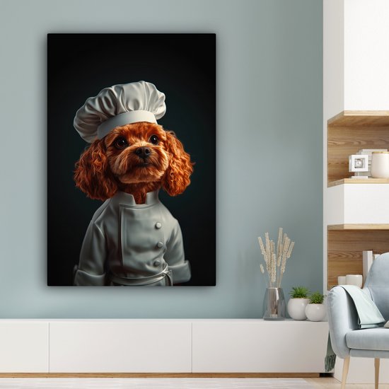 Canvas schilderij 80x120 cm - Exclusieve wanddecoratie Bruin - Kok - Hondje - Muurdecoratie woonkamer - Slaapkamer decoratie - Kamer accessoires - Schilderijen op canvas