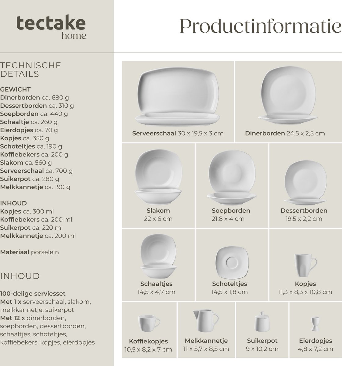 tectake® 100-delige Serviesset Salerno - Porseleinen Servies voor 12 Personen - Vaatwasser- en Magnetronbestendig - Bordenset - Wit — afbeelding 4