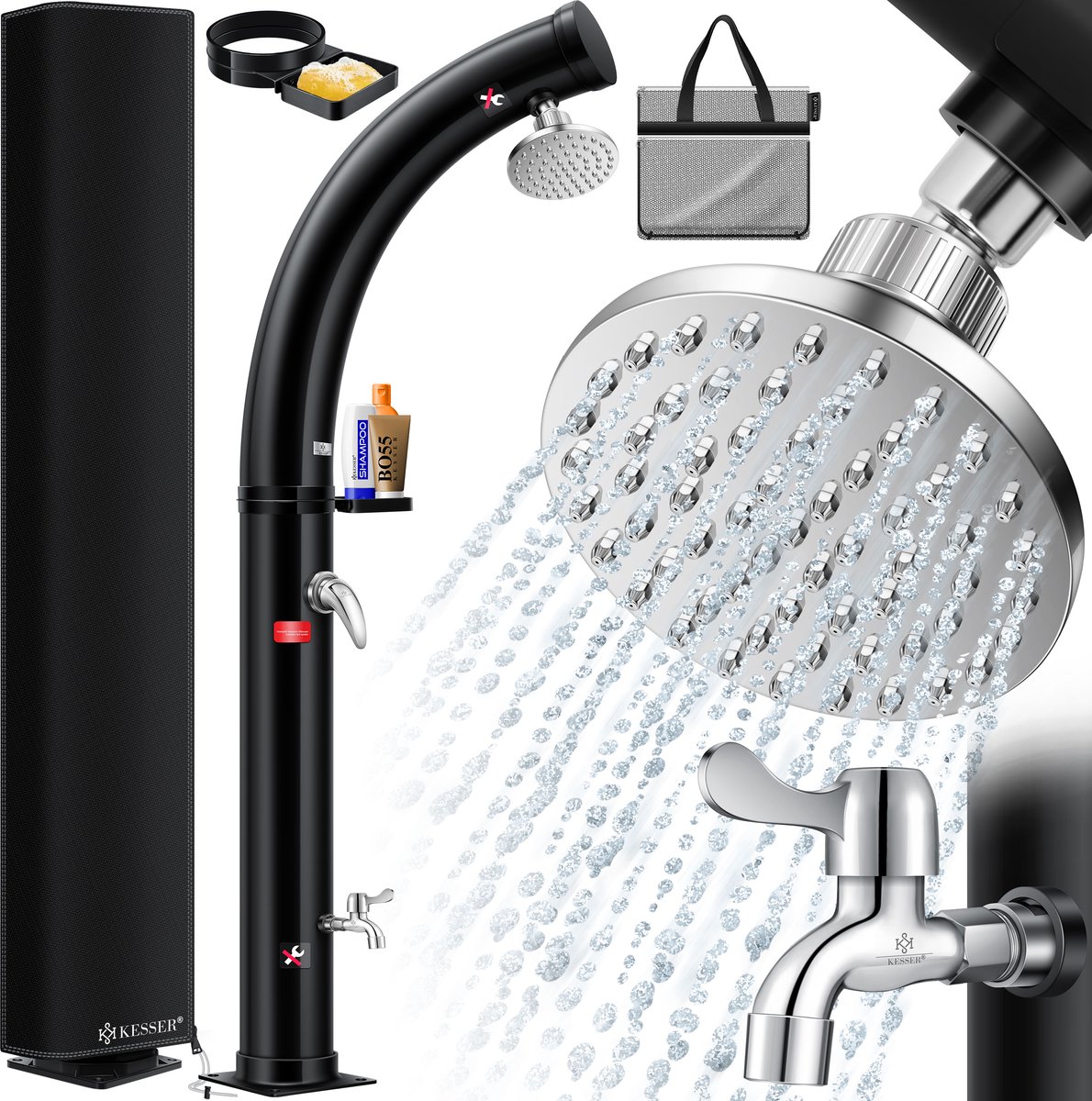 KESSER® Buitendouche zonneenergie - Tuindouche Solar 35 Liter Warm Water max. 60°C Camping Douche Geïntegreerde metalen douchebak inclusief Beschermhoes - Zwart