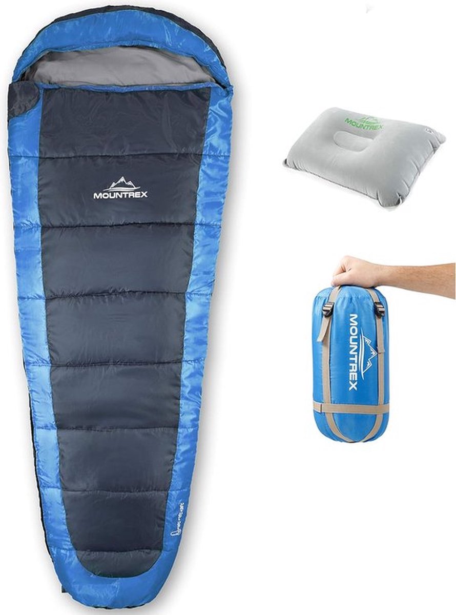 MOUNTREX® Slaapzak - Ultralicht & Compact (850g) - Outdoor Zomerslaapzak - Mummieslaapzak (205x75cm) - Klein Pakformaat en Licht - voor Jongere en Volwassenen + Reiskussen
