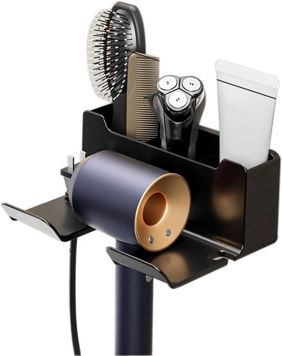 Mobile Phone Holder for Bathroom Wall Mounted with 3 Compartments - ABS Cable Holder - Hair Dryer Holder for Bathroom Bedroom Hotel Black