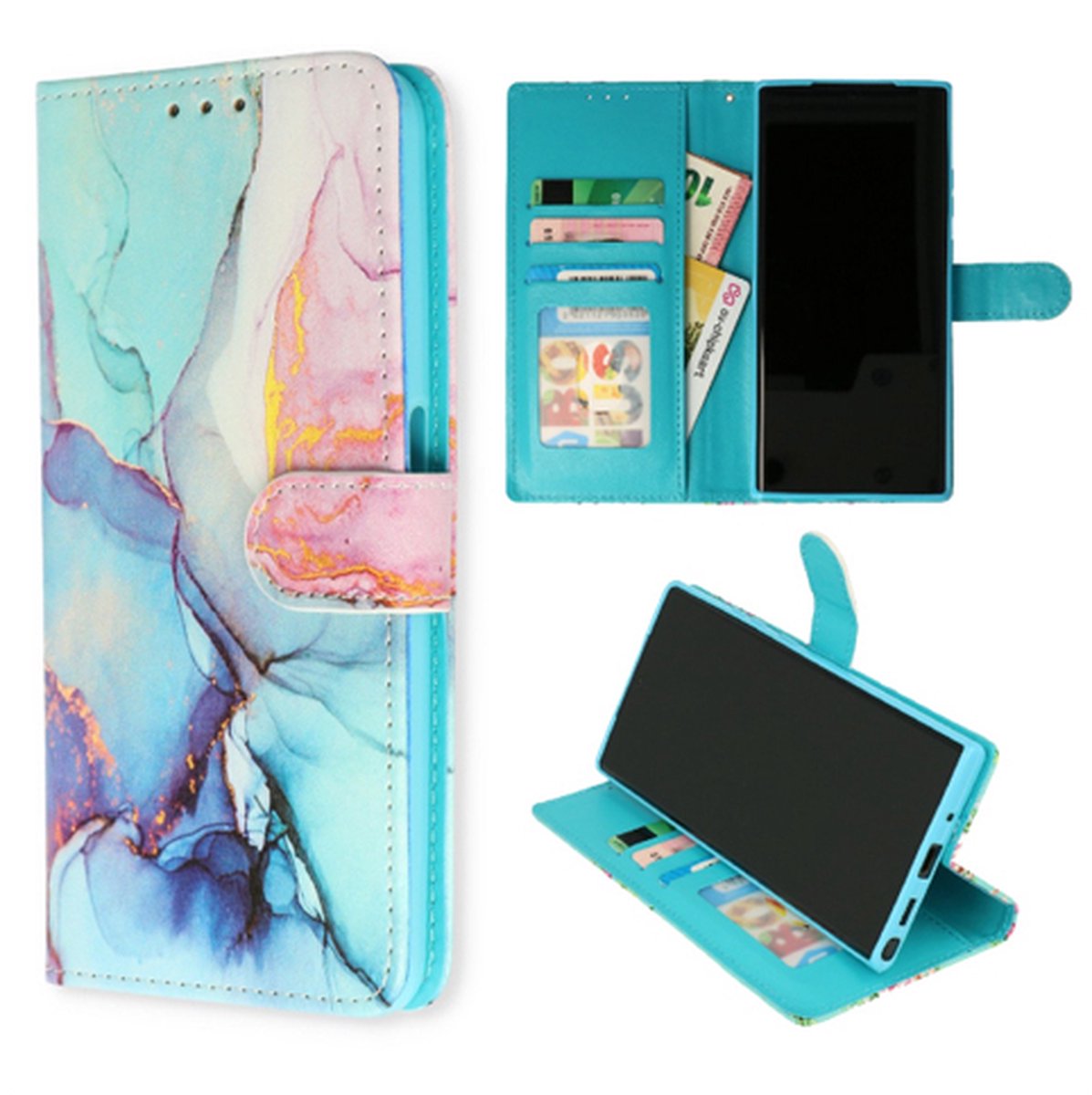 Telefoonhoesje Geschikt voor Samsung S20 FE - Bookcase - Marmer Roze-Blauw Printje - Ruimte voor 3 pasjes