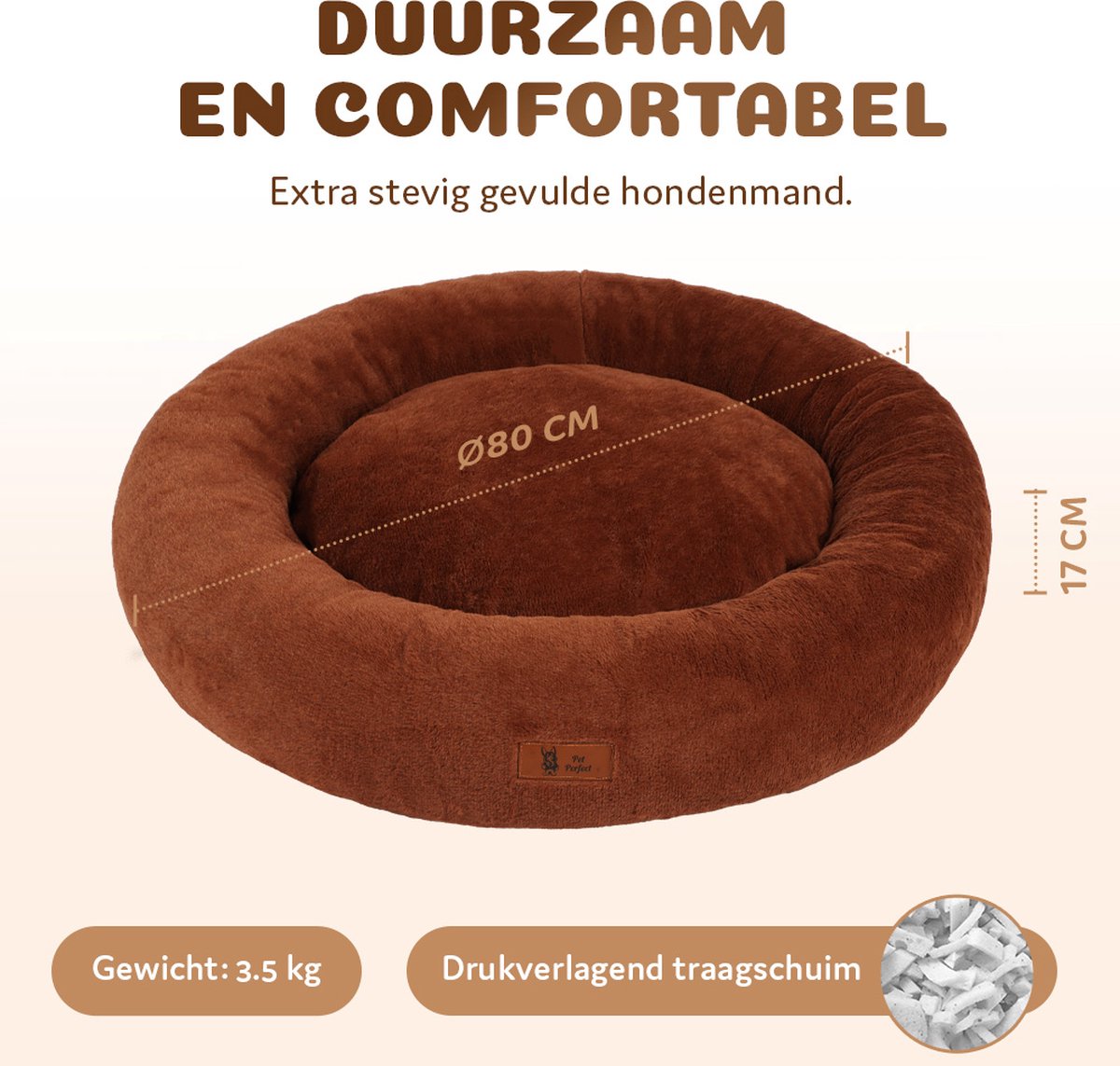 Pet Perfect Orthopedische Hondenmand – Donut Hondenmand – Hondenkussen – Hondenbed – Wasbaar - 80 cm - Bruin thumbnail 4